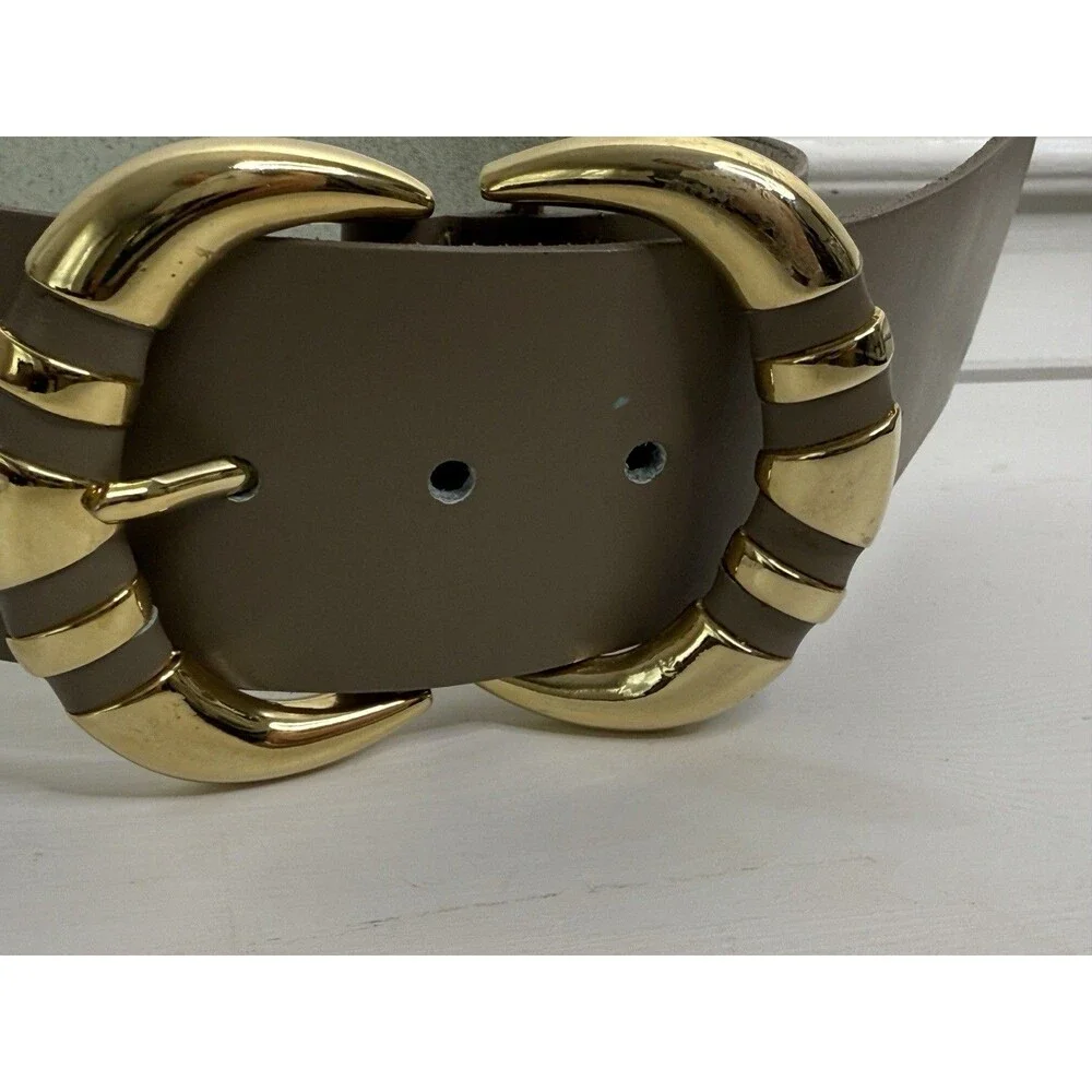 BOZO Canada Boho Leather Belt Ivory Gold Buckle Vintage Artisan Belt